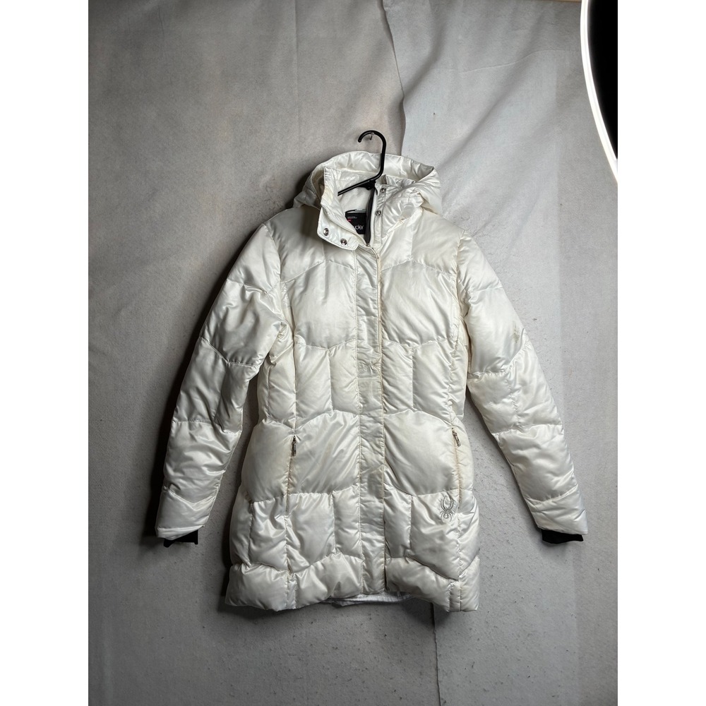 Spyder White Quilted Duck Down Puffer Jacket Hooded Winter Coat Womens Medium